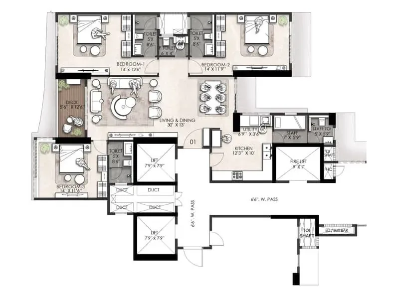 3BHK floor plan in Bandra East