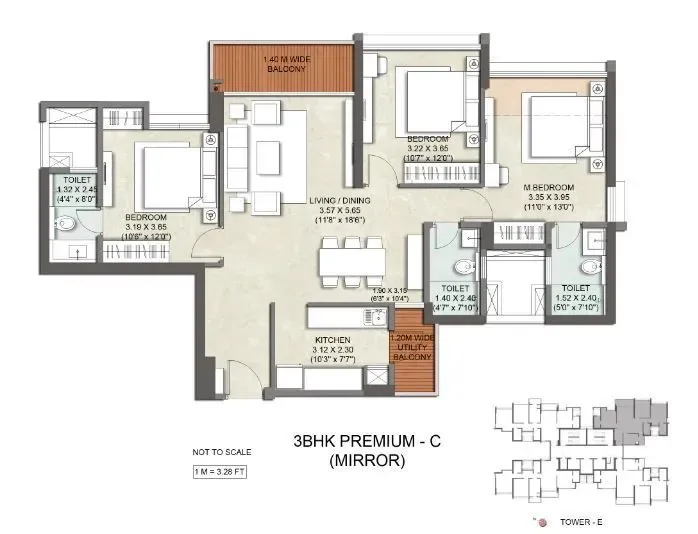 3BHK floor plan in Kolshet