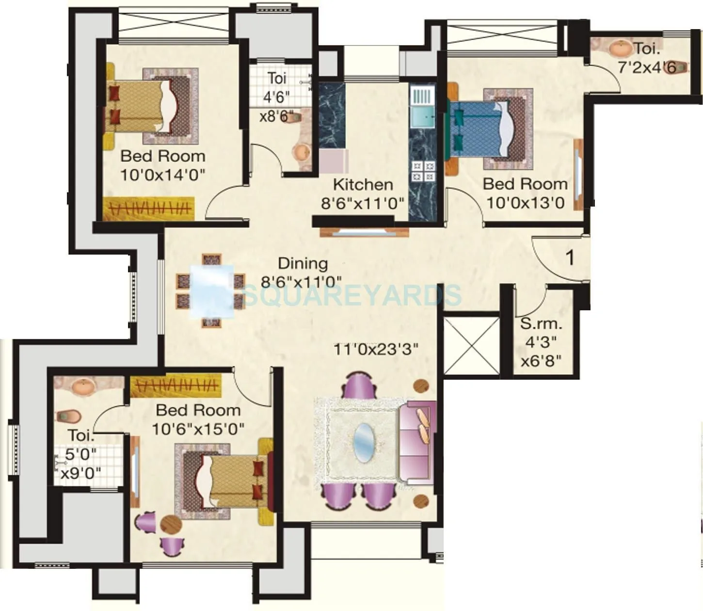 3BHK floor plan in Chembur