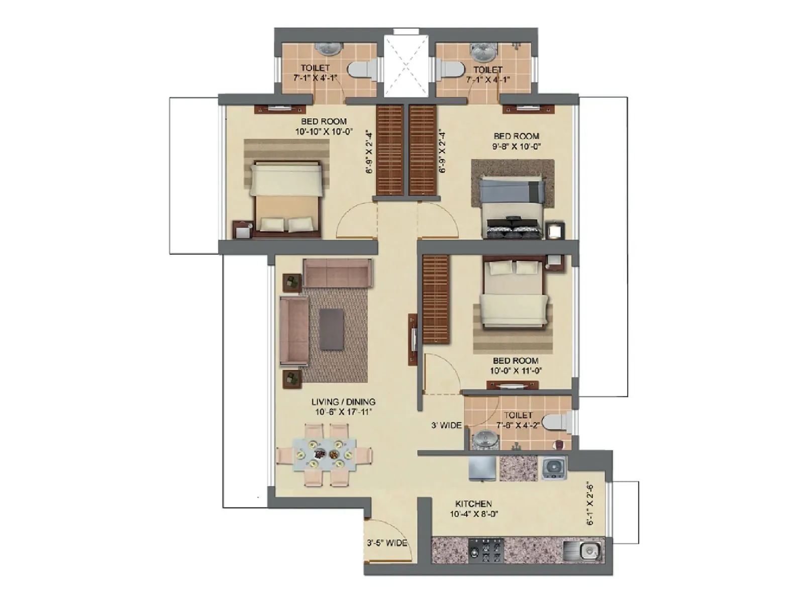 3 BHK Premium (820 sqft) floor plan