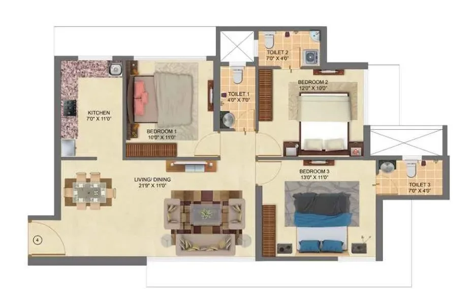 3 BHK Premium (846 sqft) floor plan